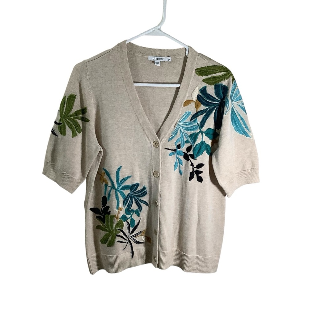 Chico's Beige Floral Embroidered Palms Sweater Cardigan
